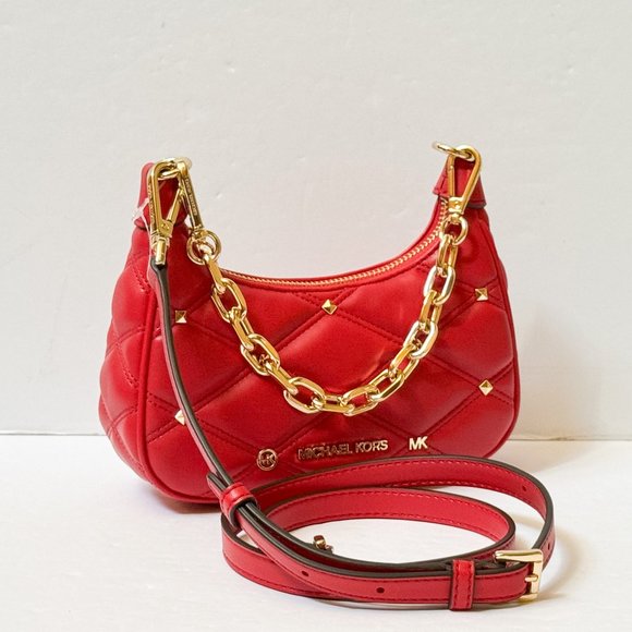 Michael Kors CORA XS MINI Shoulder Crossbody Bag Quilted Bright Red/Gold - Picture 3 of 14
